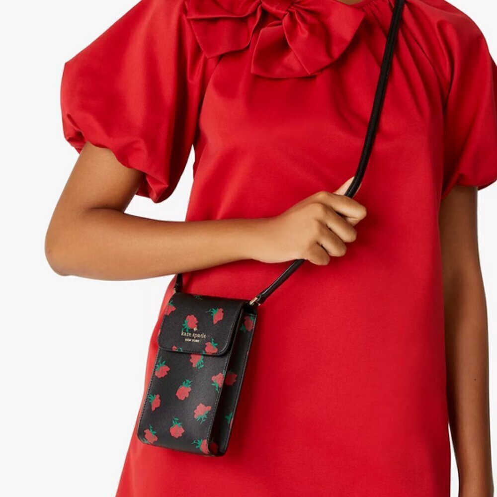 Kate Spade Madison Phone Crossbody Black Rose Toss Leather Bag NWT - Picture 3 of 8